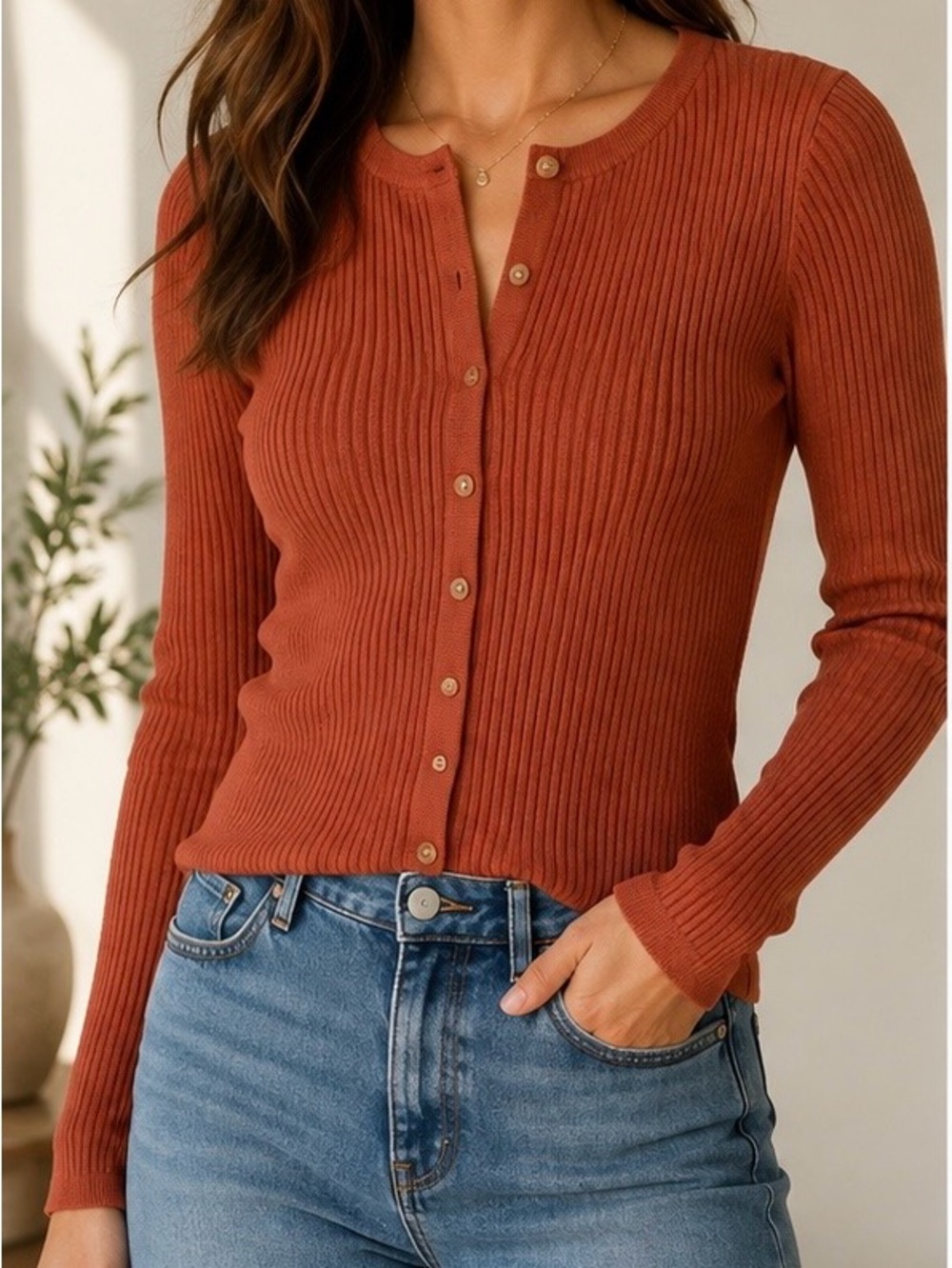 Faherty Organic Cotton Cashmere Ribbed Button Cardigan Long Sleeve Rust Large